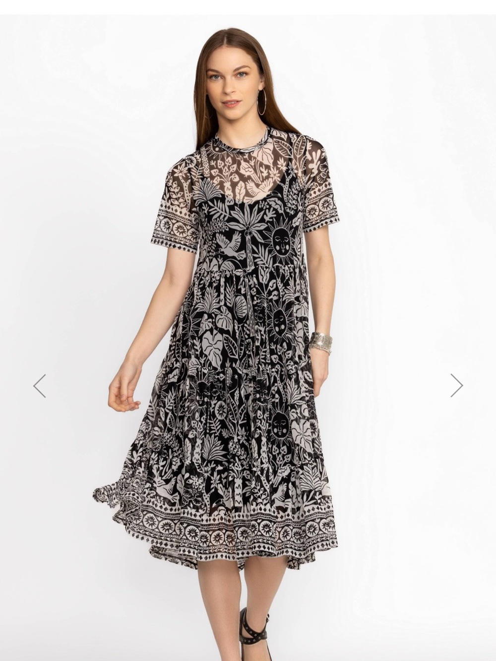 Johnny Was Black & White Floral and Celestial Print Mesh Midi Dress - Picture 5 of 6
